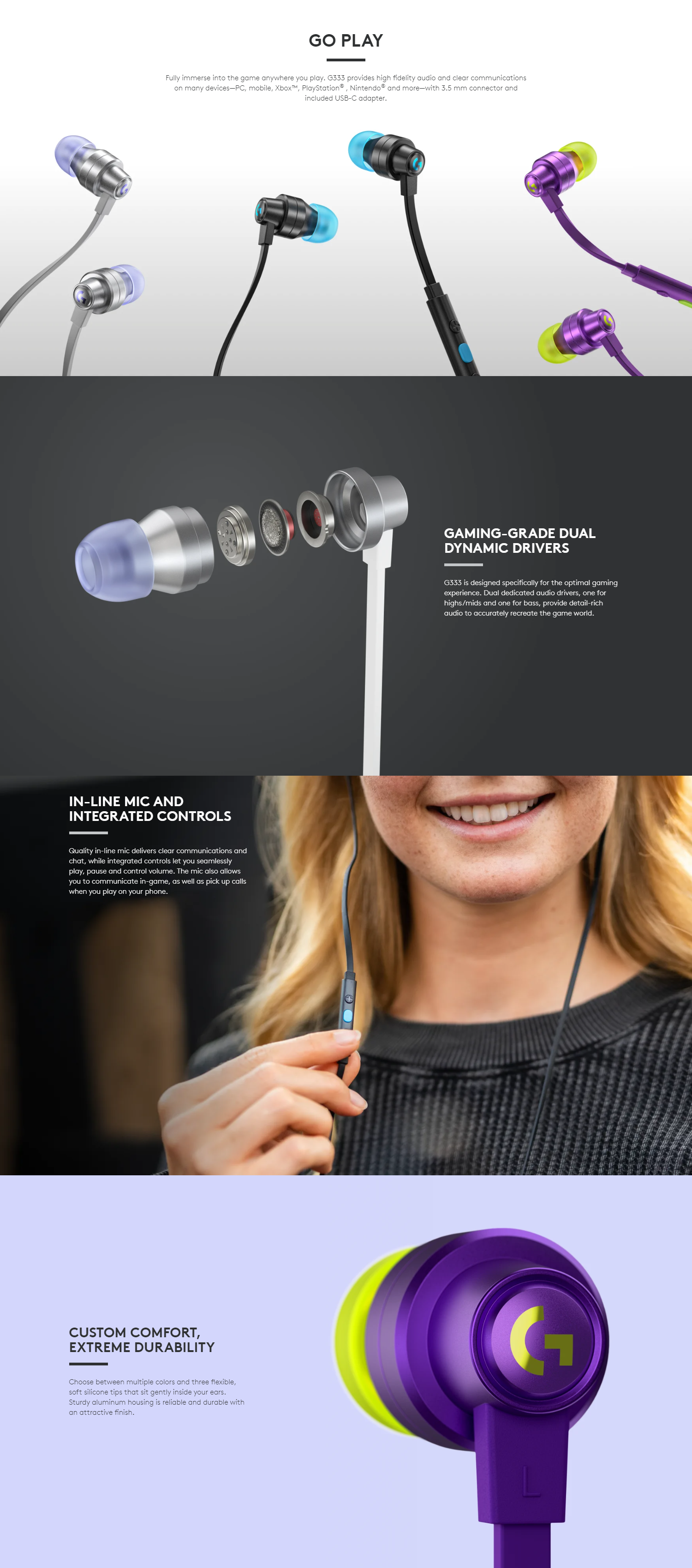 Logitech G333 Wired Gaming Earphones with USB-C Adapter and 3.5mm Aux Connectivity detail image